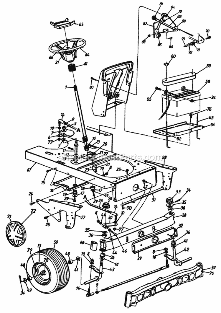 Axle AssemblyWheels FrontSteering AssemblyBatteryFrame Lower Diagram and Parts List for 1996 Yard Man Lawn Tractor
